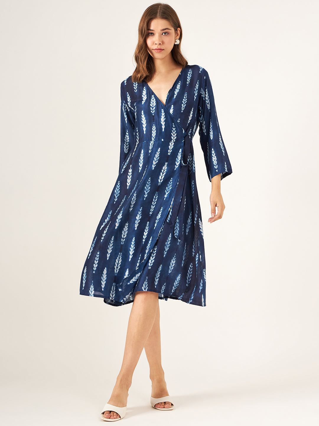 indigo blue shibori full sleeve wrap dress with v - neck