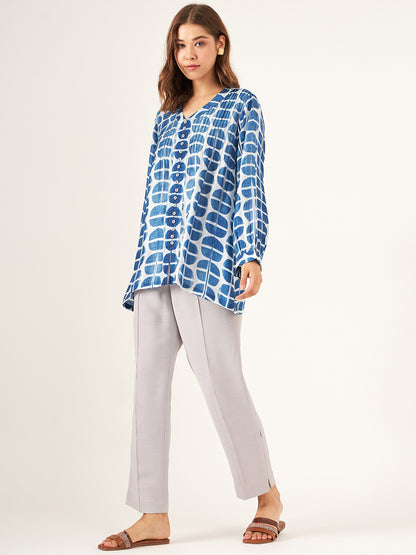 Handcrafted shibori top with full sleeves , button embelishment