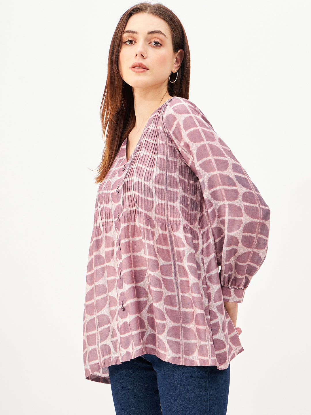 Handcrafted shibori top with full sleeves , button embelishment