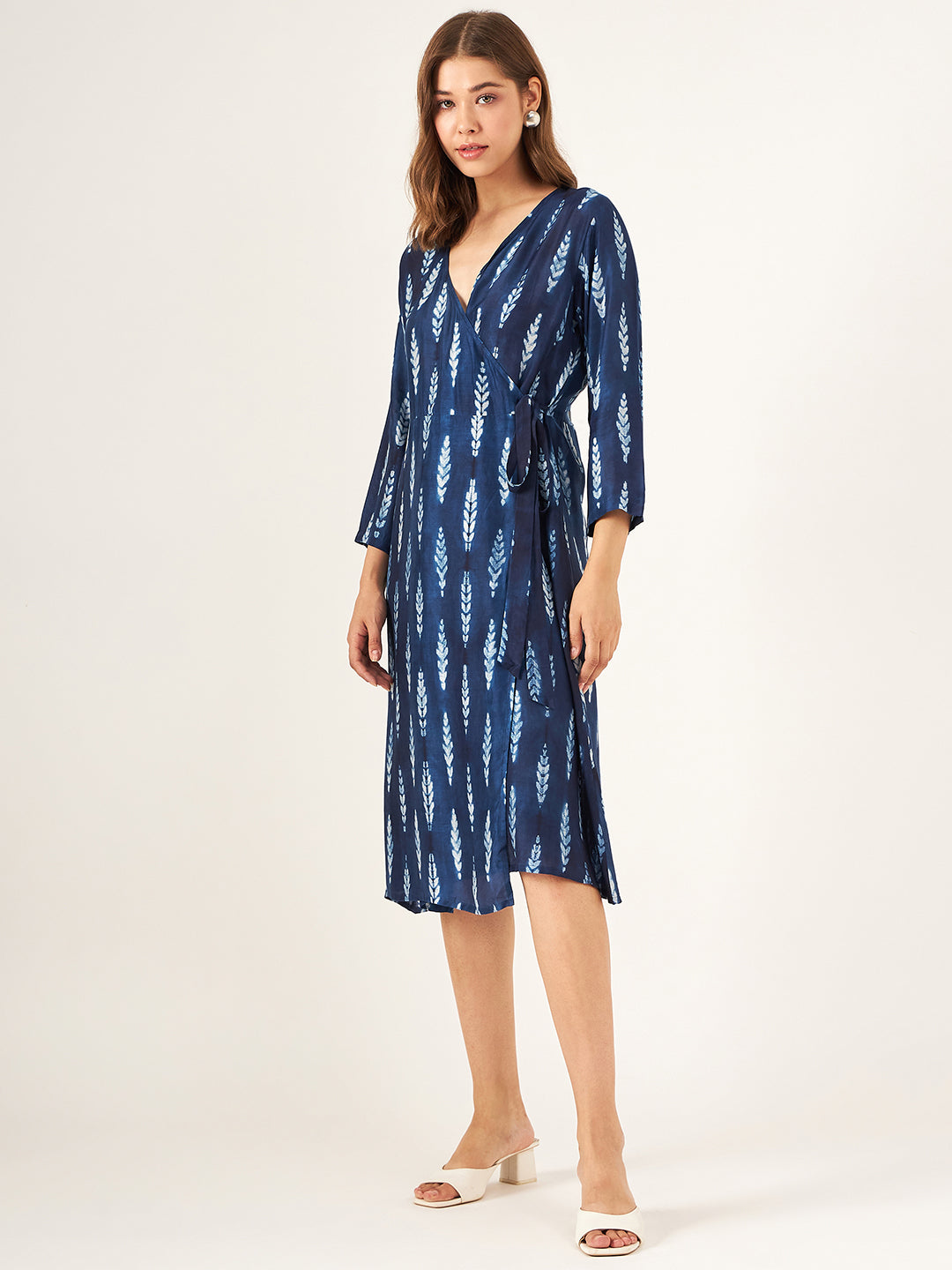 indigo blue shibori full sleeve wrap dress with v - neck