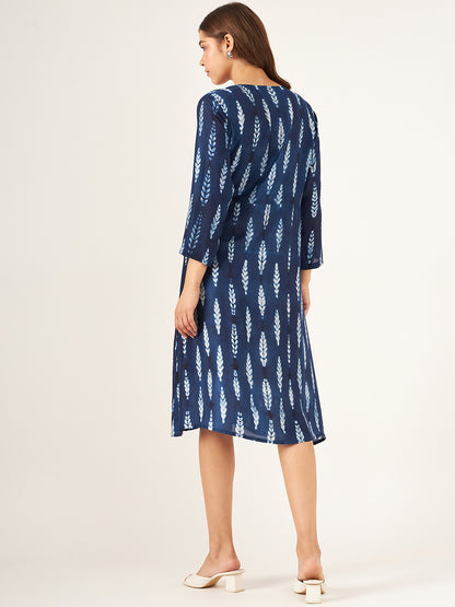 indigo blue shibori full sleeve wrap dress with v - neck