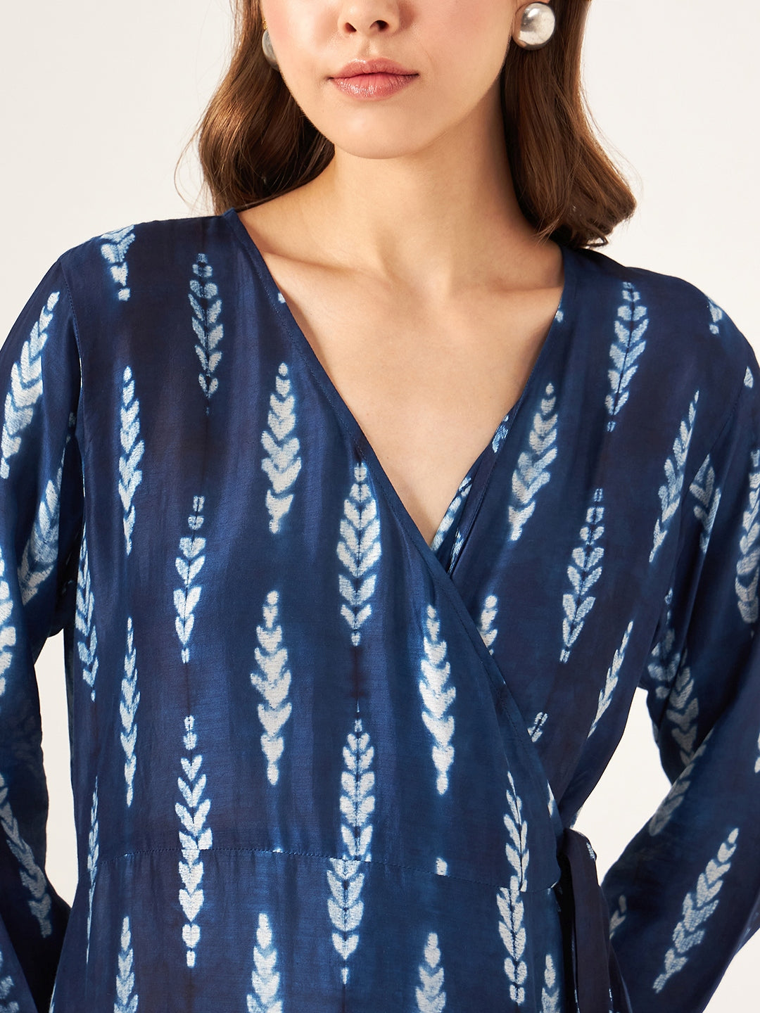 indigo blue shibori full sleeve wrap dress with v - neck