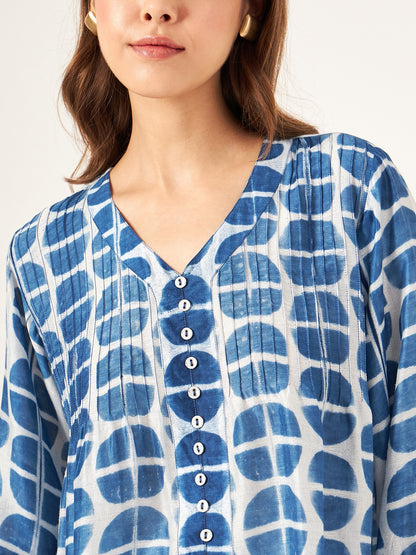 Handcrafted shibori top with full sleeves , button embelishment