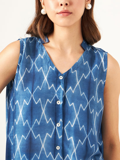 Indigo blue shibori cut sleeve top with half collor and front button closure