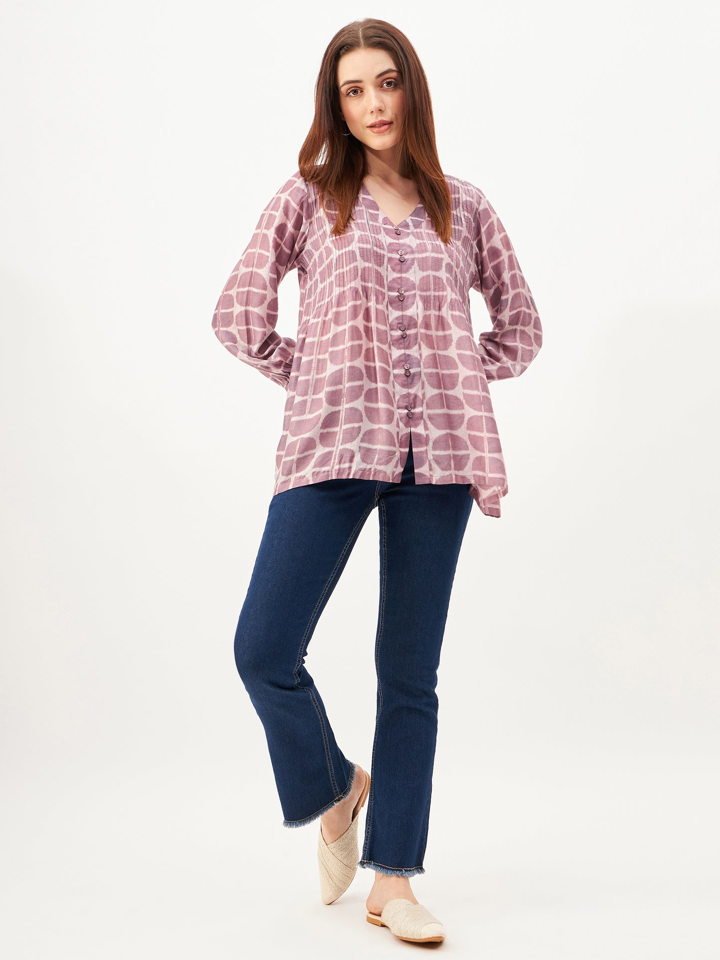 Handcrafted shibori top with full sleeves , button embelishment