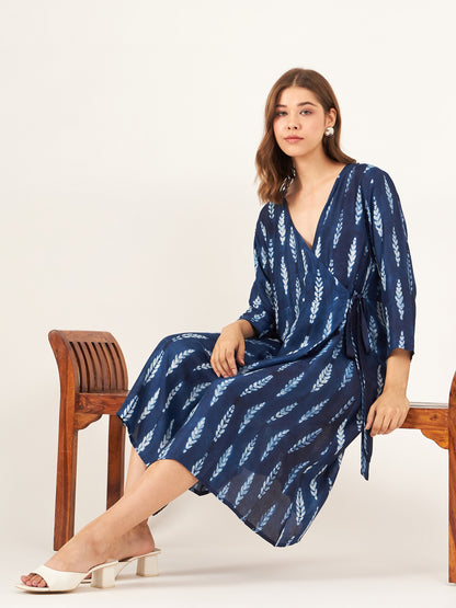 indigo blue shibori full sleeve wrap dress with v - neck